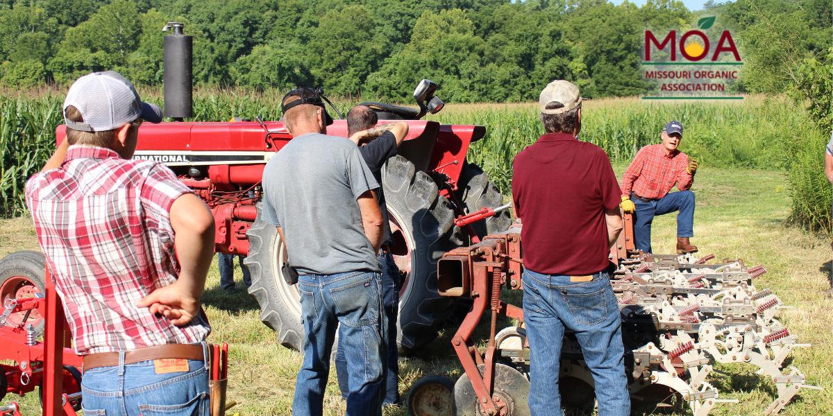 An image of Missouri farmers learning at the Missouri Organic Association's August workshop and field day