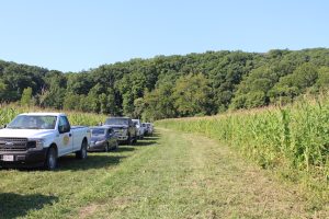 An image of Missouri farmers learning at the Missouri Organic Association's August workshop and field day